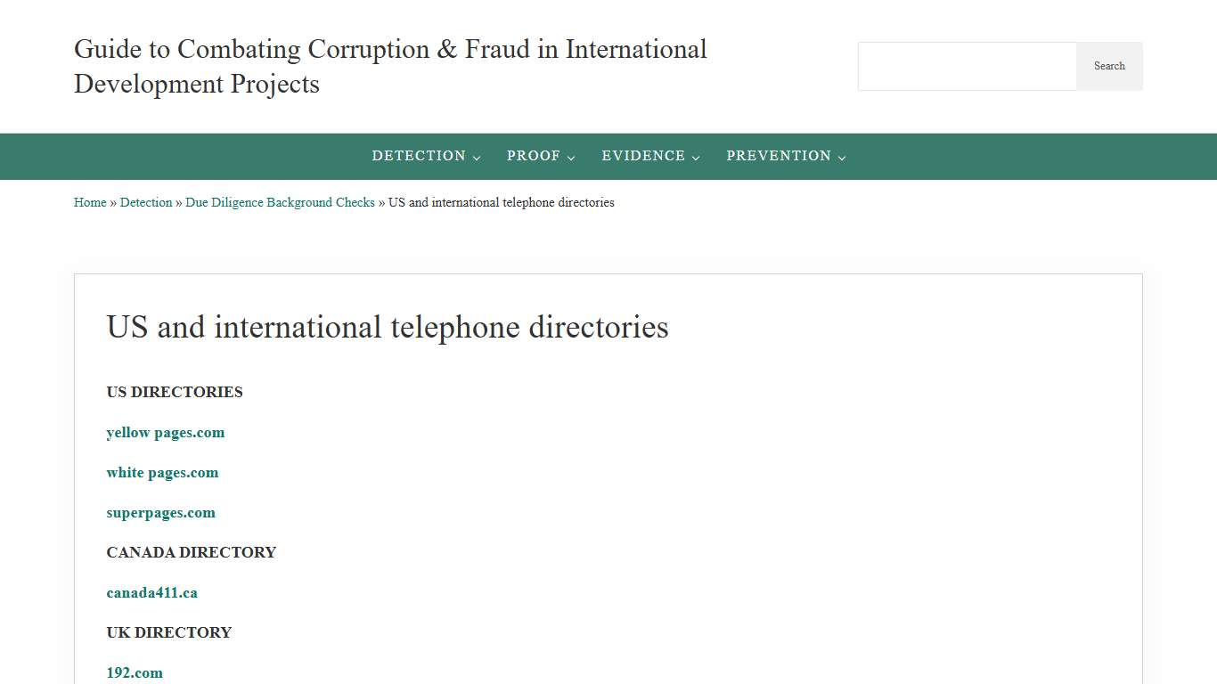 US and international telephone directories | Guide to Combating Corruption & Fraud in International Development Projects